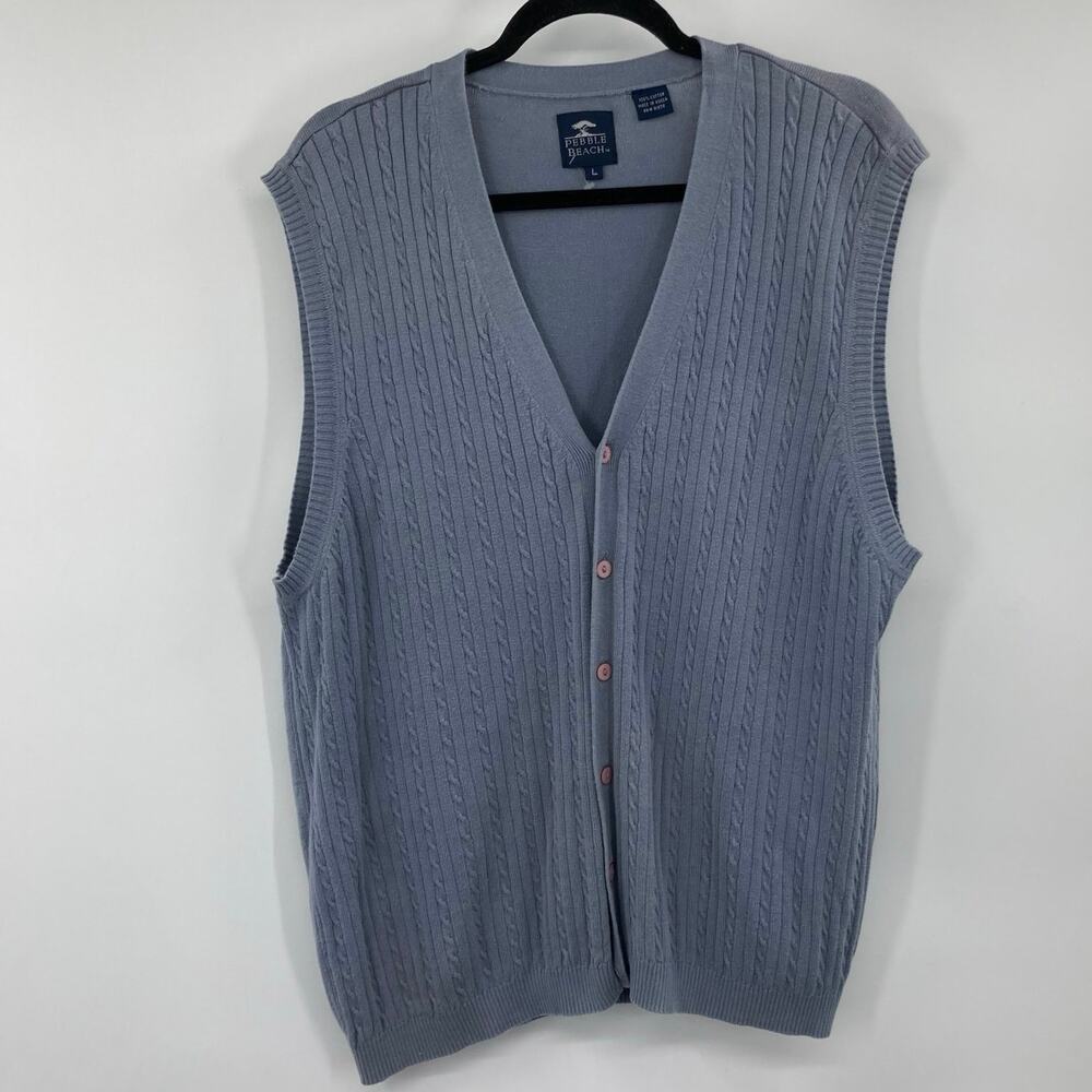 VTG Pebble Beach Cable Knit Grandpa Button Cardigan Vest Steel Blue Large Men’s